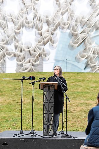 MIKAELA MACKENZIE / FREE PRESS
	
Sara Stasiuk, Forks North Portage CEO, speaks at the official opening of the Forever Bicycles statue return to The Forks (on a ten year loan from the National Gallery of Canada) in Winnipeg on Tuesday, Oct. 29, 2024.

Standup.
Winnipeg Free Press 2024