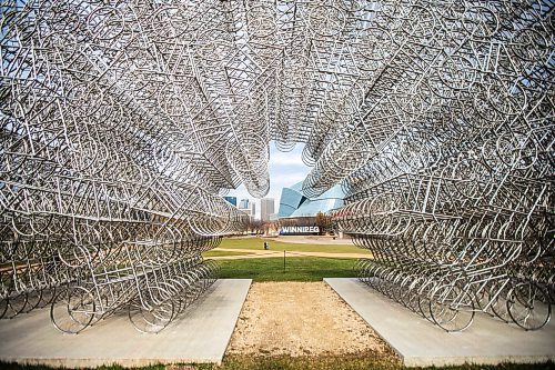 MIKAELA MACKENZIE / FREE PRESS
	
The Forever Bicycles statue returns to The Forks on a ten year loan from the National Gallery of Canada in Winnipeg on Tuesday, Oct. 29, 2024.

Standup.
Winnipeg Free Press 2024