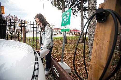 MIKAELA MACKENZIE / FREE PRESS
	
Michelle Panting and one of Peg City Car Co-op&#x2019;s two new electric fleet vehicles (and a new level 11 charging station) in Winnipeg on Tuesday, Oct. 29, 2024.

For Martin Cash story.
Winnipeg Free Press 2024