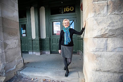 MIKAELA MACKENZIE / FREE PRESS
	
Ann Hodges, the new PTE artistic director, outside Red River College building (where she got her start with PTE selling subscriptions) in Winnipeg on Wednesday, Oct. 30, 2024.

For Ben Waldman story.
Winnipeg Free Press 2024