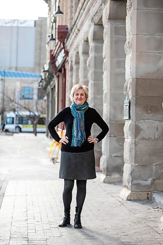 MIKAELA MACKENZIE / FREE PRESS
	
Ann Hodges, the new PTE artistic director, outside Red River College building (where she got her start with PTE selling subscriptions) in Winnipeg on Wednesday, Oct. 30, 2024.

For Ben Waldman story.
Winnipeg Free Press 2024