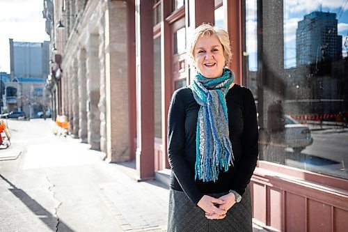 MIKAELA MACKENZIE / FREE PRESS
	
Ann Hodges, the new PTE artistic director, outside Red River College building (where she got her start with PTE selling subscriptions) in Winnipeg on Wednesday, Oct. 30, 2024.

For Ben Waldman story.
Winnipeg Free Press 2024