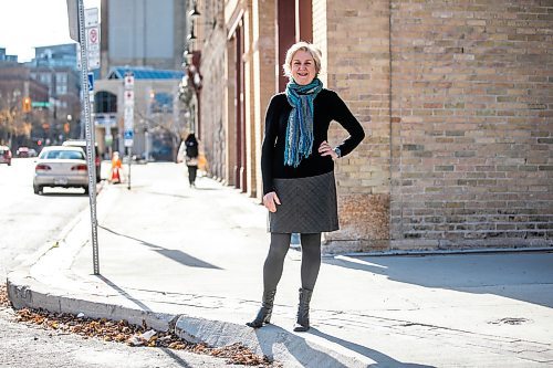 MIKAELA MACKENZIE / FREE PRESS
	
Ann Hodges, the new PTE artistic director, outside Red River College building (where she got her start with PTE selling subscriptions) in Winnipeg on Wednesday, Oct. 30, 2024.

For Ben Waldman story.
Winnipeg Free Press 2024