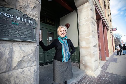 MIKAELA MACKENZIE / FREE PRESS
	
Ann Hodges, the new PTE artistic director, outside Red River College building (where she got her start with PTE selling subscriptions) in Winnipeg on Wednesday, Oct. 30, 2024.

For Ben Waldman story.
Winnipeg Free Press 2024