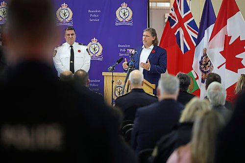 30102024
Brandon Mayor Jeff Fawcett delivers remarks during the swearing in ceremony for new Brandon Police Service Chief Tyler Bates at the Brandon Armoury on Wednesday.
(Tim Smith/The Brandon Sun)