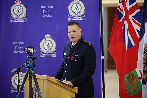 30102024
Newly sworn in Brandon Police Service Chief Tyler Bates speaks to the gathered crowd after his swearing in ceremony at the Brandon Armoury on Wednesday.
(Tim Smith/The Brandon Sun)