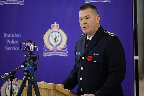 30102024
Newly sworn in Brandon Police Service Chief Tyler Bates speaks to the gathered crowd after his swearing in ceremony at the Brandon Armoury on Wednesday.
(Tim Smith/The Brandon Sun)