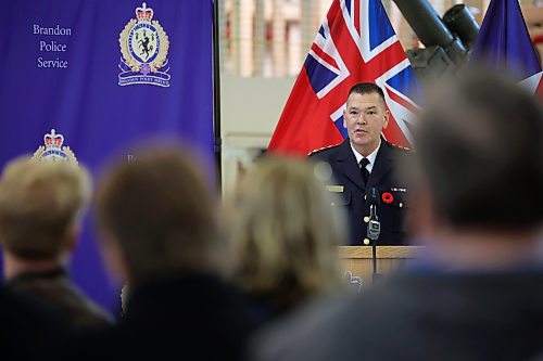 30102024
Newly sworn in Brandon Police Service Chief Tyler Bates speaks to the gathered crowd after his swearing in ceremony at the Brandon Armoury on Wednesday.
(Tim Smith/The Brandon Sun)