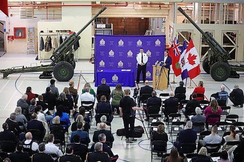 30102024
Brandon Mayor Jeff Fawcett delivers remarks during the swearing in ceremony for new Brandon Police Service Chief Tyler Bates at the Brandon Armoury on Wednesday.
(Tim Smith/The Brandon Sun)