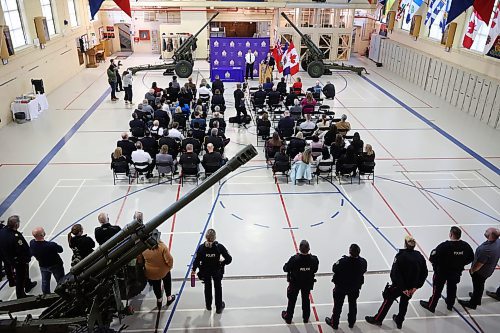 30102024
Brandon Police Service officers and other staff as well as dignitaries and members of the community gather for the swearing in of BPS Chief Tyler Bates at the Brandon Armoury on Wednesday.
(Tim Smith/The Brandon Sun)