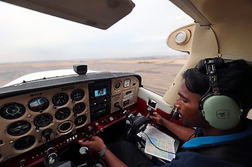 Sai Pranav Chinta brings "Wiley" up off the runway at the Brandon airport. The flight instructor took three crucial performance tests, include his private pilot licence exam, in the Cessna 172 that got a nickname after its registration characters "YLE." (Connor McDowell/Brandon Sun)