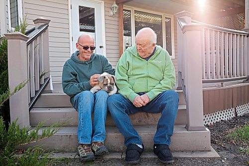 31102024
Lawrence Medd and his father Bill Medd sit with Lawrence&#x2019;s french bulldog Lola at the home they are currently staying at in Killarney. Lawrence is visiting his dad in Killarney from Alberta. Lola woke them in the night Sunday as Bill&#x2019;s duplex went up in flames. The duplex on Finlay Street was completely destroyed in the fire but the Medd&#x2019;s and the duplex&#x2019;s other resident all escaped the blaze. 
(Tim Smith/The Brandon Sun)