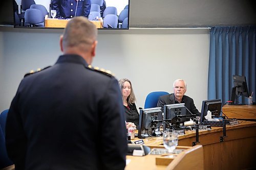 Brandon Police Service Chief Tyler Bates answers a question from Coun. Barry Cullen (Ward 3) at the former's first police board meeting on Friday. (Colin Slark/The Brandon Sun)