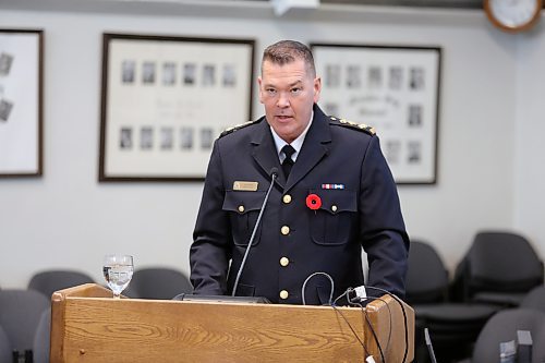 Brandon Police Service Chief Tyler Bates gives a progress update at his first police board meeting on Friday after being sworn in earlier this week. (Colin Slark/The Brandon Sun)