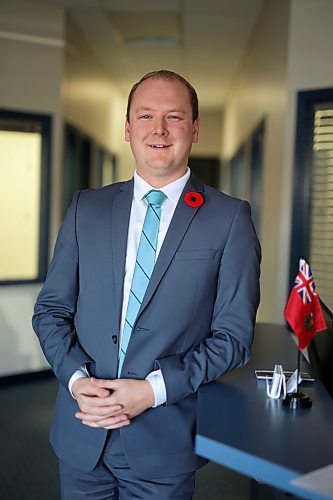 Spruce Woods MLA Grant Jackson poses for a photo at his constituency office on 18th Street in Brandon on Friday. (Tim Smith/The Brandon Sun)