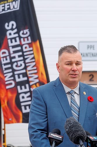 MIKE DEAL / FREE PRESS
Tom Bilous, President, UFFW, speaks during the press conference.
Terry Duguid, MP for Winnipeg South and Parliamentary Secretary to the Prime Minister and Special Advisor for Water, talks about the National Framework on Cancers Linked to Firefighting during a press conference at the Winnipeg Fire Paramedic Service Academy (2546 McPhillips St.) Friday morning. Tom Bilous, President, UFFW and Kevin Lamoureux, MP for Winnipeg North were also on hand to speak to the media.
Reporter: Erik Pindera 
241101 - Friday, November 01, 2024.