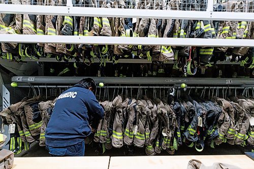 MIKE DEAL / FREE PRESS
Ivan Valencia, Paramedic assigned to light duties as he recovers from a health issue, puts together a set of clean PPE that will be sent off to a specific WFPS member at one of Winnipeg&#x2019;s stations.
A tour inside the PPE cleaning and maintenance department. After crews fight a fire all of their protective gear is bagged and sent to be cleaned at this single location to help reduce possible transmission of hazardous materials.
Terry Duguid, MP for Winnipeg South and Parliamentary Secretary to the Prime Minister and Special Advisor for Water, talks about the National Framework on Cancers Linked to Firefighting during a press conference at the Winnipeg Fire Paramedic Service Academy (2546 McPhillips St.) Friday morning. Tom Bilous, President, UFFW and Kevin Lamoureux, MP for Winnipeg North were also on hand to speak to the media.
Reporter: Erik Pindera 
241101 - Friday, November 01, 2024.