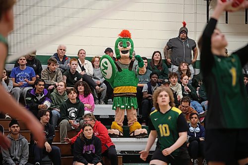 01112024
The Neelin Spartans mascot cheers while watching volleyball action between the Neelin Spartans and the John Taylor Pipers along with a crowd during their varsity match in the 30th Annual Spartan Dig volleyball tournament at &#xc9;cole Secondaire Neelin High School on Friday. Ninety-six high schools are taking part in 276 matches over two days. 
(Tim Smith/The Brandon Sun)