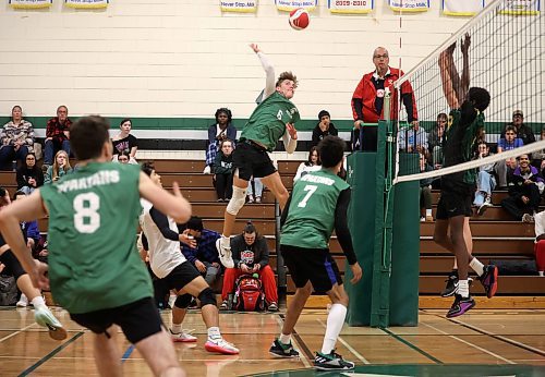 01112024
Kal-El Wilson #6 of the Neelin Spartans leaps to spike the ball during the Spartans varsity match against the John Taylor Pipers in the 30th Annual Spartan Dig volleyball tournament at &#xc9;cole Secondaire Neelin High School on Friday. Ninety-six high schools are taking part in 276 matches over two days. 
(Tim Smith/The Brandon Sun)