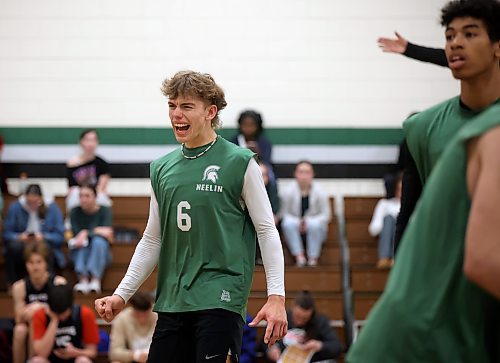 01112024
Kal-El Wilson #6 of the Neelin Spartans celebrates a match win against the John Taylor Pipers with teammates in the 30th Annual Spartan Dig volleyball tournament at &#xc9;cole Secondaire Neelin High School on Friday. Ninety-six high schools are taking part in 276 matches over two days. 
(Tim Smith/The Brandon Sun)