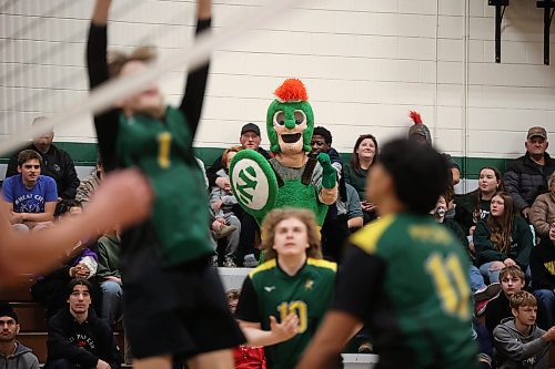 01112024
The Neelin Spartans mascot cheers while watching volleyball action between the Neelin Spartans and the John Taylor Pipers along with a crowd during their varsity match in the 30th Annual Spartan Dig volleyball tournament at &#xc9;cole Secondaire Neelin High School on Friday. Ninety-six high schools are taking part in 276 matches over two days. 
(Tim Smith/The Brandon Sun)