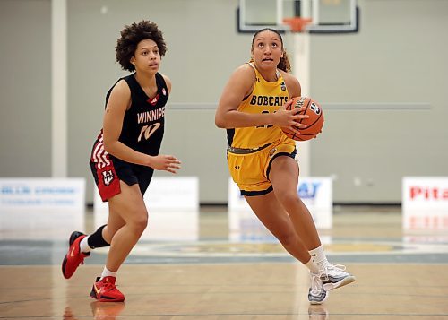 01112024
Amaya McLeod #21 of the Brandon Bobcats drives the ball to the hoop during the Bobcats season home opener against the University of Winnipeg Wesmen at the Brandon University Healthy Living Centre on Friday evening. 
(Tim Smith/The Brandon Sun)