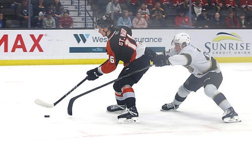 Medicine Hat Tigers forward Hunter St. Martin (5) has his power-play breakaway disrupted by Brandon Wheat Kings defenceman Luke Shipley (27) during Western Hockey League action at Westoba Place on Saturday. (Perry Bergson/The Brandon Sun)
Nov. 2, 2024