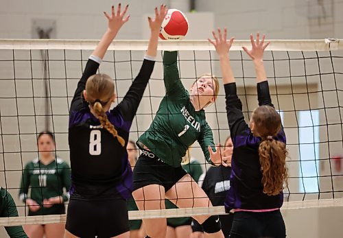 Kruz Wilson (1) of the Neelin Spartans leaps to put the ball over the net during the Spartans varsity match against the Stonewall Rams. (Tim Smith/The Brandon Sun)