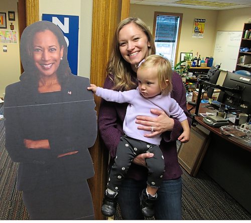 ADAM TREUSCH / FREE PRESS
Kylie Oversen with her 18-month-old daughter, Adelyn, at a meeting at the Democratic offices in Fargo on Saturday. She worries IVF could be threatened under a Trump administration.
