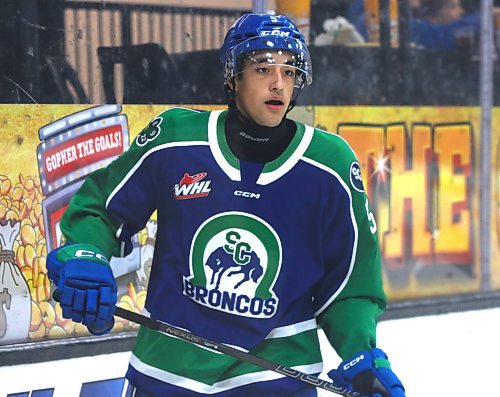 Swift Current Broncos defenceman Josh McGregor (5) of Brandon is shown during Western Hockey League action at Westoba Place against the Brandon Wheat Kings on Oct. 5. It was his home debut as a WHL player. (Perry Bergson/The Brandon Sun)