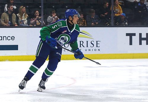 Swift Current Broncos defenceman Josh McGregor (5) said that since his skating has improved, it's the strength of major junior players that stands out for him. (Perry Bergson/The Brandon Sun)