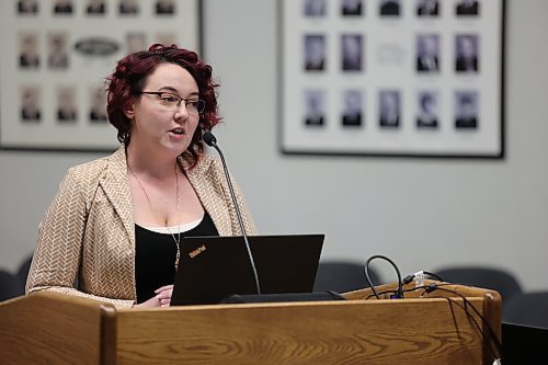 Western Manitoba Centennial Auditorium general manager Kaitlyn Mitchell provides an operational update on the venue's activities and funding needs during Monday's Brandon City Council meeting. (Colin Slark/The Brandon Sun)