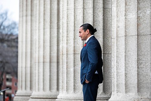 MIKAELA MACKENZIE / FREE PRESS
	
Premier Wab Kinew stands at the entrance to the Manitoba Legislative Building to greet people after paying their respects to Murray Sinclair at a sacred fire lit inside a teepee in front of the Manitoba Legislative Building in Winnipeg on Monday, Nov. 4, 2024.


Winnipeg Free Press 2024