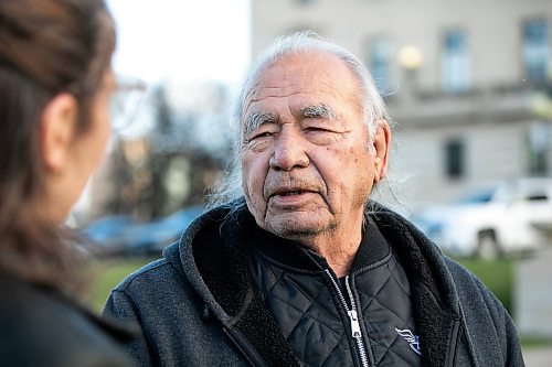 MIKAELA MACKENZIE / FREE PRESS
	
Jim Sinclair speaks with the Free Press after paying his respects to his cousin Murray Sinclair at a sacred fire in front of the Manitoba Legislative Building in Winnipeg on Monday, Nov. 4, 2024.


Winnipeg Free Press 2024