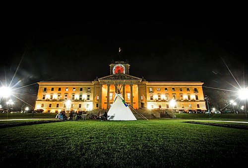 JOHN WOODS / FREE PRESS
Smoke billows from a teepee containing a fire for Murray Sinclair, who died this morning at St boniface Hospital, as it sits on the legislature grounds Monday November 4, 2024. Sinclair was 73.

Reporter: maggie