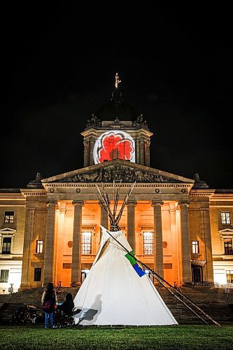 JOHN WOODS / FREE PRESS
Smoke billows from a teepee containing a fire for Murray Sinclair, who died this morning at St boniface Hospital, as it sits on the legislature grounds Monday November 4, 2024. Sinclair was 73.

Reporter: maggie