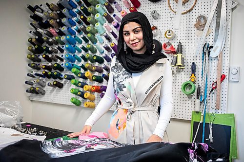 MIKAELA MACKENZIE / FREE PRESS
	
Modest clothing designer Hafsa Altaf poses in some of her hand-painted pieces in her workshop in Winnipeg on Thursday, Oct. 31, 2024.

For AV story.
Winnipeg Free Press 2024