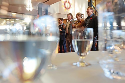 05112024
Dignitaries including Brandon Mayor Jeff Fawcett (second from left) make a toast with glasses of water during an announcement at Brandon City Hall on Tuesday. The City of Brandon and Fusion Credit Union are partnering with the province and the Canada Infrastructure Bank for water and wastewater infrastructure projects.
(Tim Smith/The Brandon Sun)