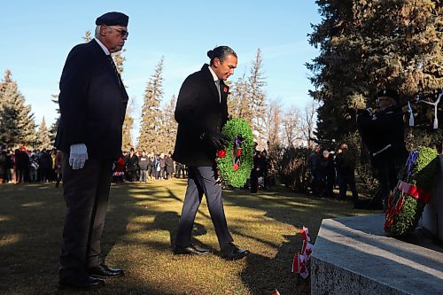 05112024
Manitoba Premier Wab Kinew lays a wreath at the Brandon War Memorial during the annual No Stone Left Alone ceremony at the Brandon Cemetery on Tuesday morning. Hundreds, including students from multiple Brandon school&#x2019;s, took part in the event meant to honour soldiers who lost their lives in wars. 
(Tim Smith/The Brandon Sun)