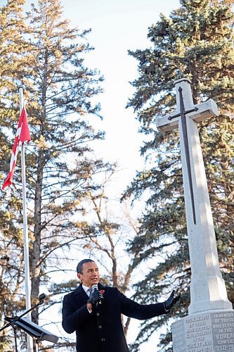 05112024
Manitoba Premier Wab Kinew speaks at the Brandon War Memorial during the annual No Stone Left Alone ceremony at the Brandon Cemetery on Tuesday morning. Hundreds, including students from multiple Brandon school&#x2019;s, took part in the event meant to honour soldiers who lost their lives in wars. 
(Tim Smith/The Brandon Sun)