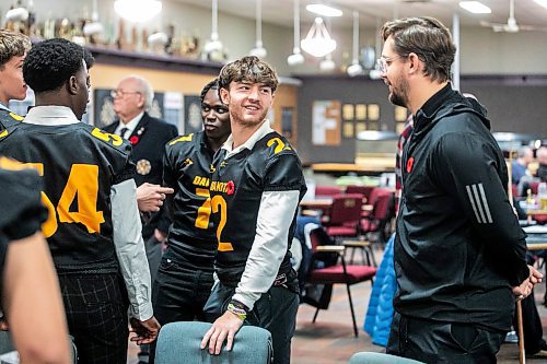 MIKAELA MACKENZIE / FREE PRESS
	
Dakota quarterback Rogan Vergata (left) and head coach Mitch Harrison at the WHSFL press conference before the AAAA football championship in Winnipeg on Tuesday, Nov. 5, 2024.

For Josh story.
Winnipeg Free Press 2024