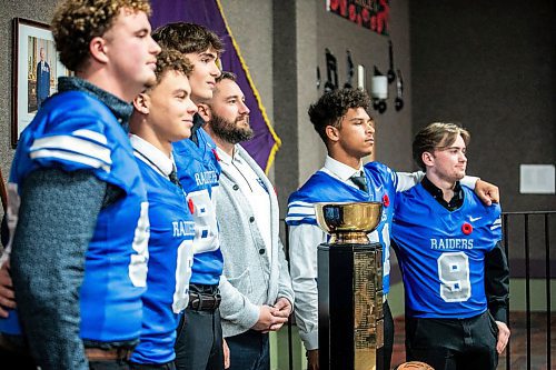 MIKAELA MACKENZIE / FREE PRESS
	
Oak Park head coach Chris Ollson and team at the WHSFL press conference before the AAAA football championship in Winnipeg on Tuesday, Nov. 5, 2024.

For Josh story.
Winnipeg Free Press 2024