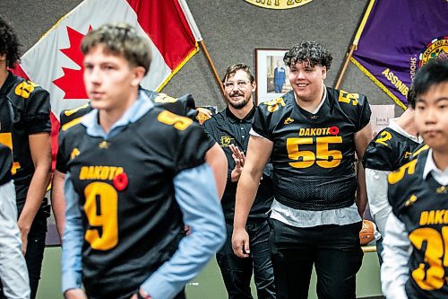 MIKAELA MACKENZIE / FREE PRESS
	
Dakota head coach Mitch Harrison and team at the WHSFL press conference before the AAAA football championship in Winnipeg on Tuesday, Nov. 5, 2024.

For Josh story.
Winnipeg Free Press 2024