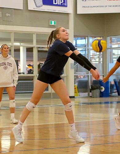 Cassidy Hauta passes a ball during practice on Thursday. (Thomas Friesen/The Brandon Sun)