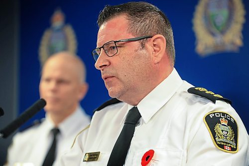 Ruth Bonneville / Free Press

Local - WPS Presser

WINNIPEG POLICE SERVICE

Deputy Chief Gene Bowers (glasses)  &amp; Superintendent Cam Mackid provide information regarding a Professional Standards Unit investigation involving three WPS officers  at WPS Headquarters Thursday.

As a result of the investigation, three police officers were charged on Nov 6th, 2024 with a variety of charges including theft (2 officers) and breach of trust.  All three officers were placed on administrative leave as the investigation continues.
 
Nov 7th,  2024