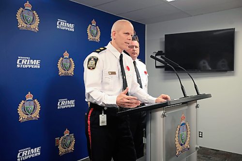 Ruth Bonneville / Free Press

Local - WPS Presser

WINNIPEG POLICE SERVICE

Deputy Chief Gene Bowers (glasses)  & Superintendent Cam Mackid provide information regarding a Professional Standards Unit investigation involving three WPS officers  at WPS Headquarters Thursday.

As a result of the investigation, three police officers were charged on Nov 6th, 2024 with a variety of charges including theft (2 officers) and breach of trust.  All three officers were placed on administrative leave as the investigation continues.
 
Nov 7th,  2024