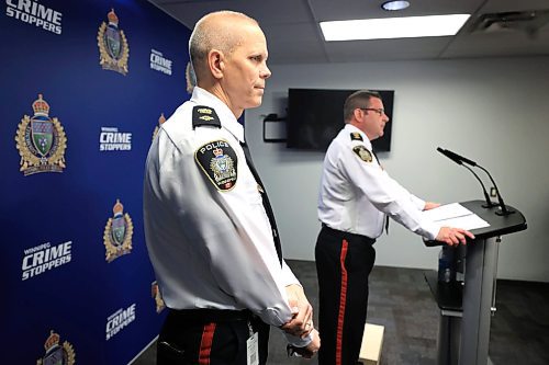 Ruth Bonneville / Free Press

Local - WPS Presser

WINNIPEG POLICE SERVICE

Deputy Chief Gene Bowers (glasses)  & Superintendent Cam Mackid provide information regarding a Professional Standards Unit investigation involving three WPS officers  at WPS Headquarters Thursday.

As a result of the investigation, three police officers were charged on Nov 6th, 2024 with a variety of charges including theft (2 officers) and breach of trust.  All three officers were placed on administrative leave as the investigation continues.
 
Nov 7th,  2024