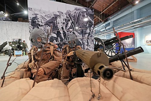 Mannequins of Canadian soldiers wearing gas masks man a Vickers machine gun as part of a temporary First World War exhibit at the RCA Museum in CFB Shilo dedicated to the early years of the Great War. This year marks the 110th anniversary of the start of the First World War. (Photos by Matt Goerzen/The Brandon Sun)