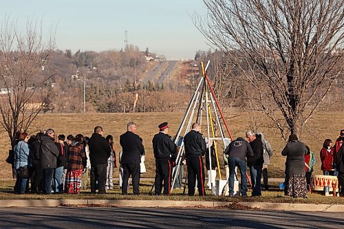 Dakota knowledge keeper Frank Tacan leads a smudge for participants in the Indigenous Veterans Day ceremony at the teepee in Errol Black Park on Rosser Avenue East on Friday morning. The ceremony was organized by the Brandon Friendship Centre, included a pipe ceremony and prayer, and was followed by a feast. (Photos by Tim Smith/The Brandon Sun)