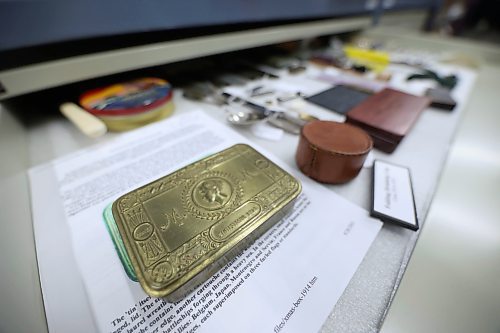 A metal box that once held Christmas chocolate for soldiers as part of their rations in 1914 is one of the many artifacts in storage and on display at the RCA Museum in CFB Shilo. Museum director Andrew Oakden says many soldiers would have stored their cigarettes in the box after the chocolate was gone. (Matt Goerzen/The Brandon Sun)